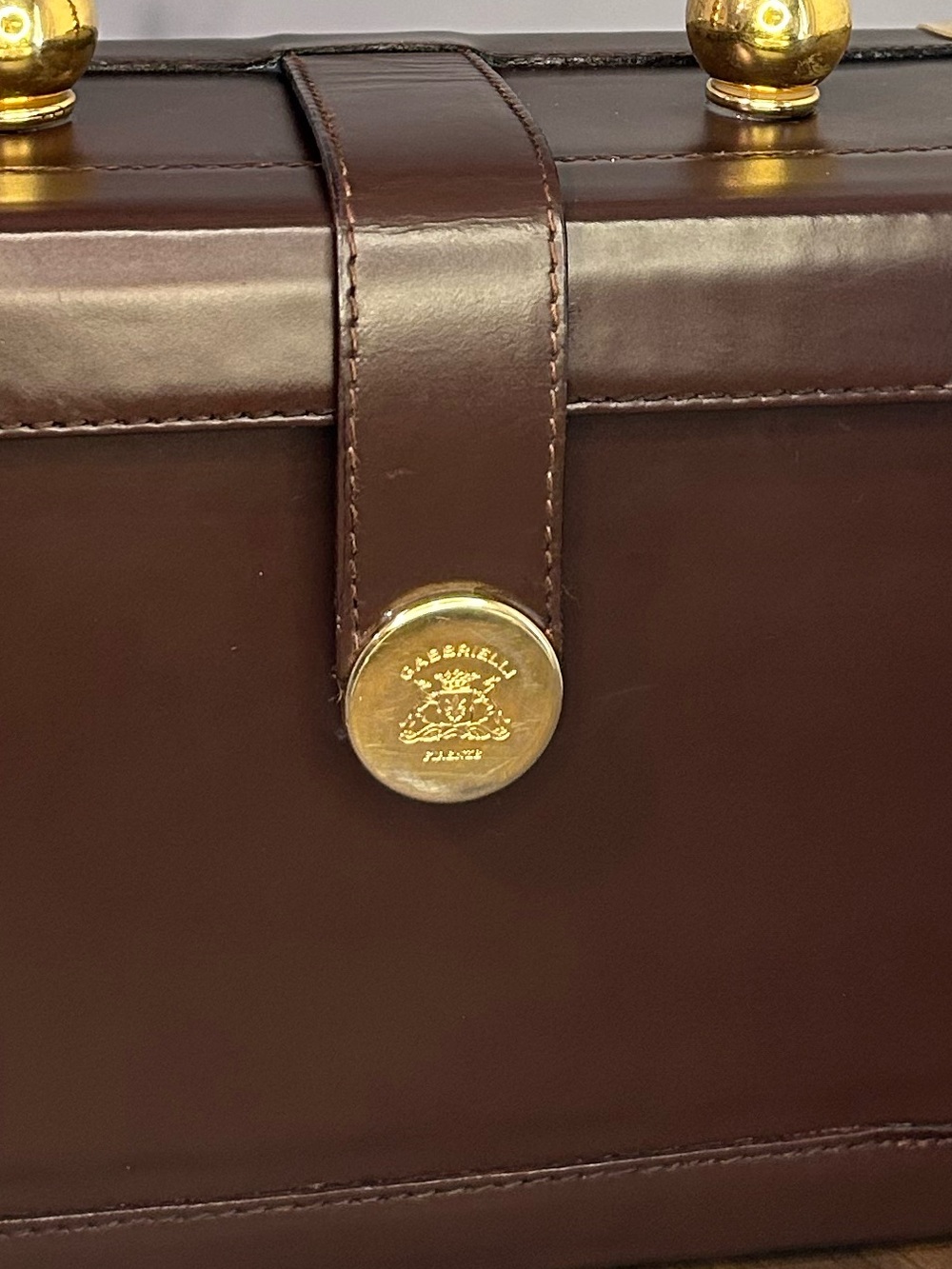 Vintage Gabbrielli Brown Leather Box Purse Gold Tone Structured Italy - Picture 3 of 10